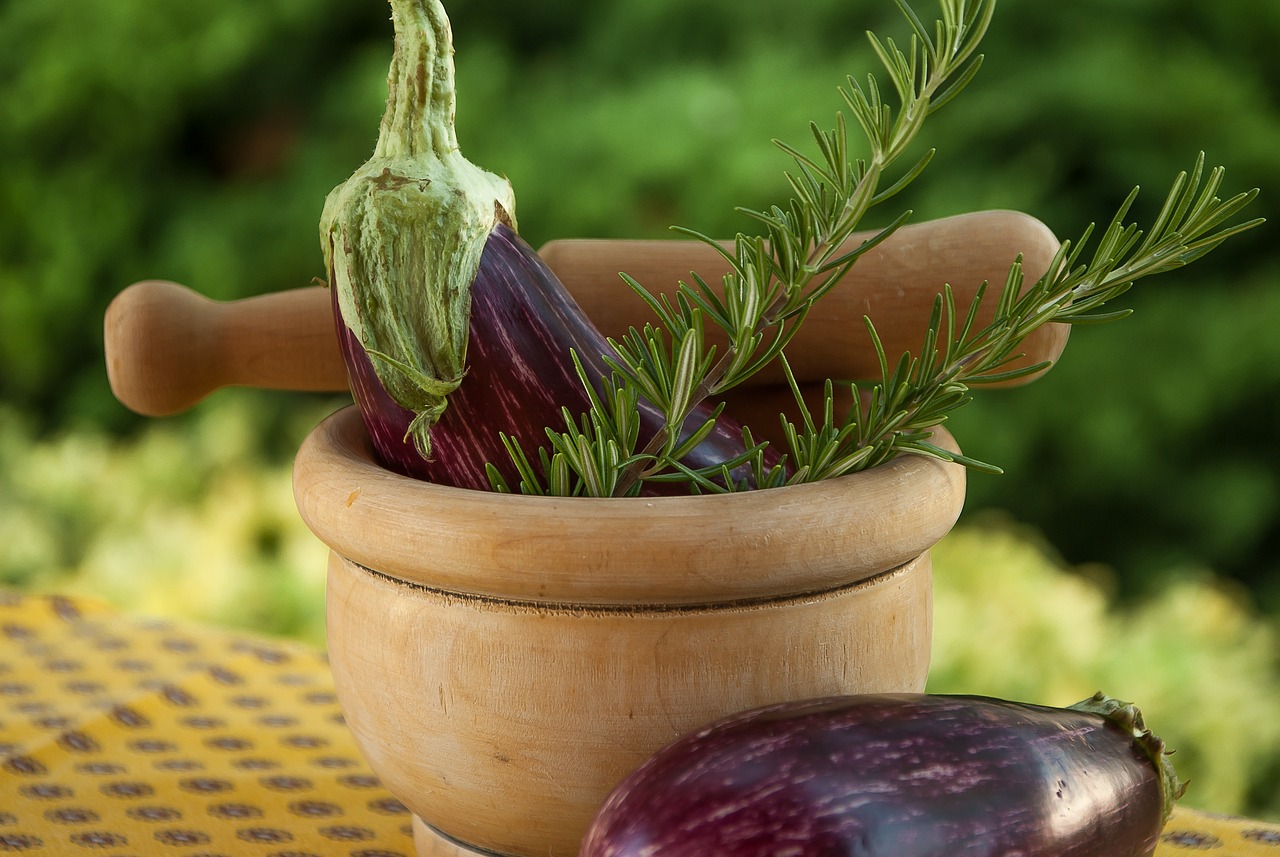 eggplants, rosemary, mortar